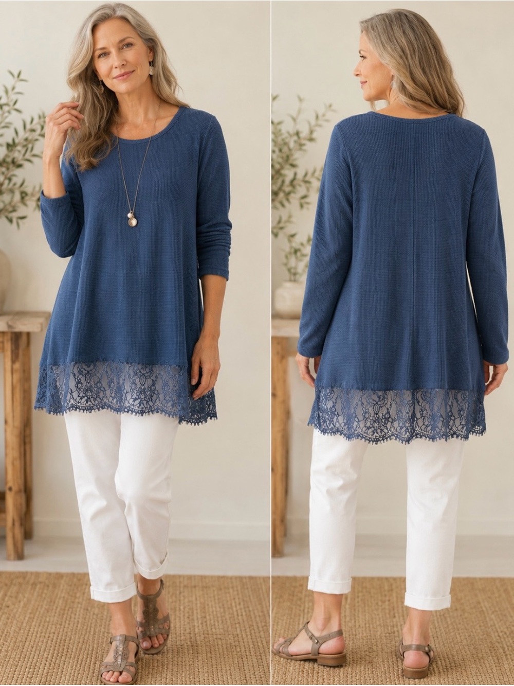 Soft Surroundings Women’s Size L Blue Waffle Knit Cotton Lace Hem Tunic Top